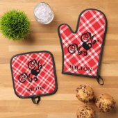 Red Checkered Mr. & Mrs. Hearts Monogram Ofenhandschuh & Topflappen-Set (Oben Unten)