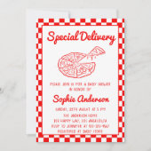 Red Checkered Special Delivery Pizza Baby Shower Einladung (Vorderseite)