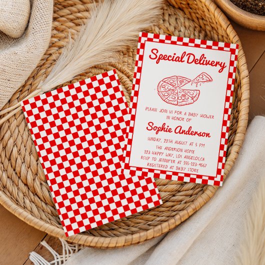 Red Checkered Special Delivery Pizza Baby Shower Einladung