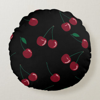 Red Cherries Black Round Accent Pillow Rundes Kissen