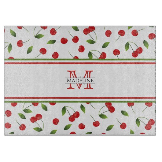 Red Cherries | Custom Monogram Cutting Board Schneidebrett (Vorderseite)