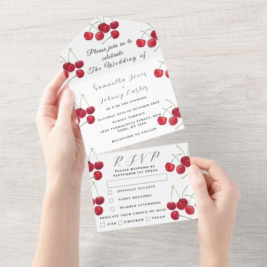 Red Cherries Frucht Elegante Rustikale Hochzeit All In One Einladung (Abreißen)