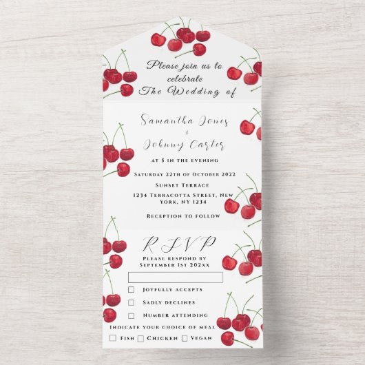 Red Cherries Frucht Elegante Rustikale Hochzeit All In One Einladung (Innen Boden)