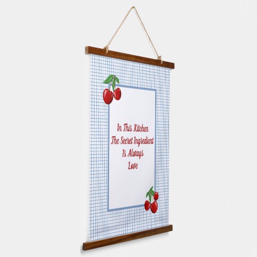 Red Cherries on Blue Checked Print Kitchen Wandteppich Mit Holzrahmen (Gewinkelt)