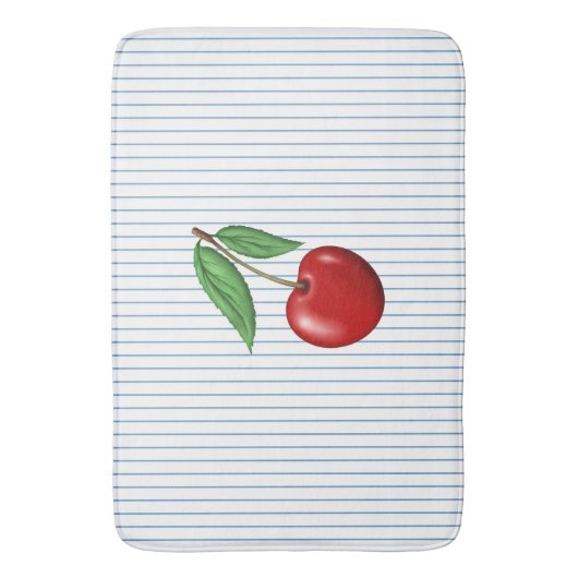 Red Cherries on Blue Stripes Pattern Badematte (Vorderseite Vertikal)