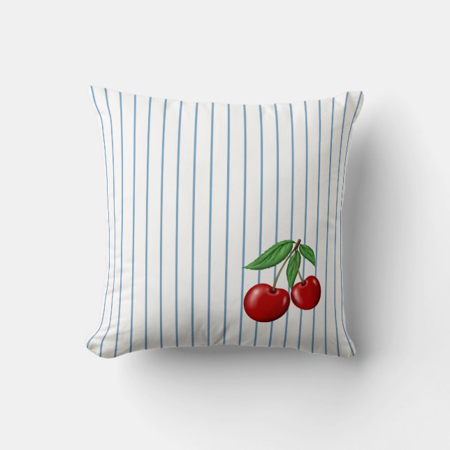Red Cherries on Blue Stripes Pattern Kissen (Vorderseite)