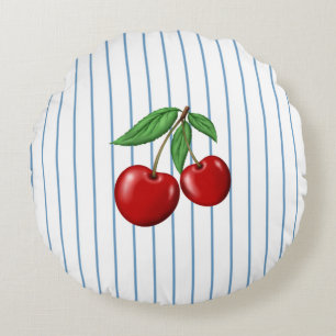 Red Cherries on Blue Stripes Pattern Rundes Kissen