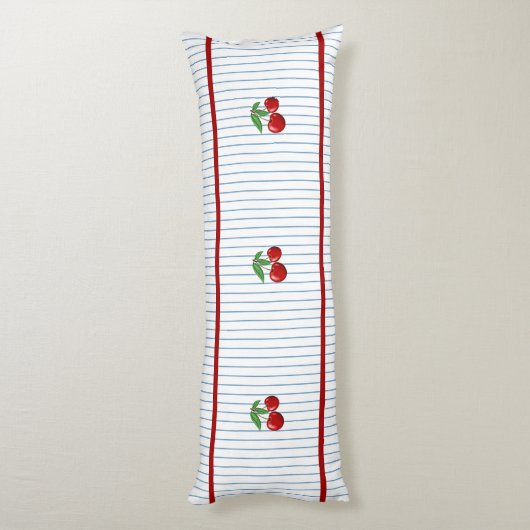 Red Cherries on Blue Stripes Pattern Seitenschläferkissen (Rückseite (Vertikal))