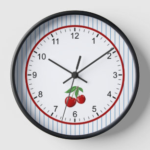 Red Cherries on Blue Stripes Retro Style Gerahmt Uhr