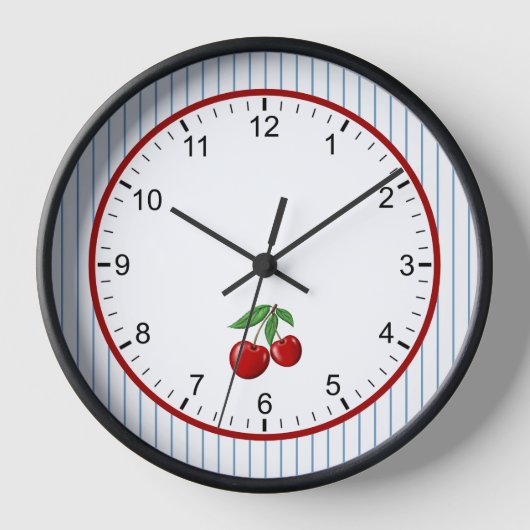 Red Cherries on Blue Stripes Retro Style Gerahmt Uhr (Vorderseite)