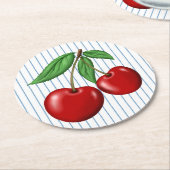 Red Cherries on Blue Stripes Retro Style Runder Pappuntersetzer (Angewinkelt)