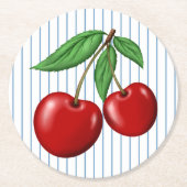 Red Cherries on Blue Stripes Retro Style Runder Pappuntersetzer (Vorderseite)