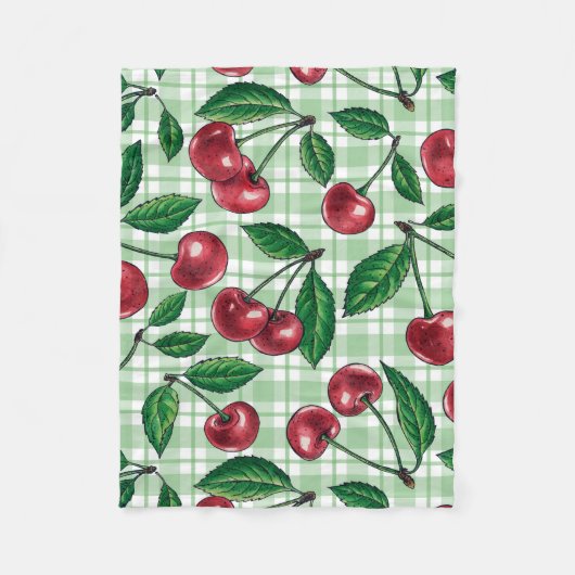 Red cherries on light green gingham fleecedecke (Vorderseite)