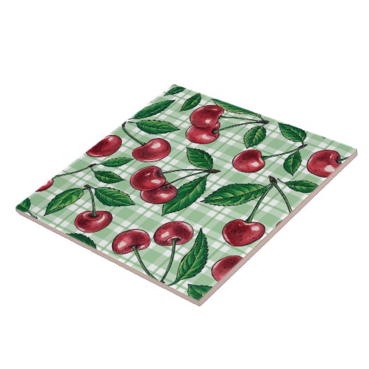 Red cherries on light green gingham fliese (Seite)