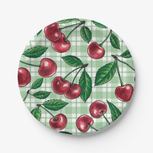 Red cherries on light green gingham pappteller (Vorderseite)