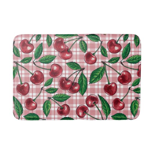 Red cherries on pink gingham badematte (Vorderseite)