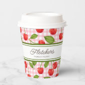Red Cherries on Pink Gingham Customizable Pappbecher (Vorderseite)