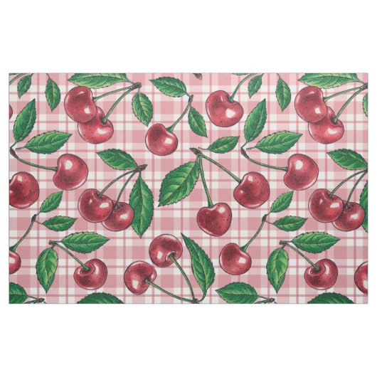 Red cherries on pink gingham stoff (Fat Quarter (45,7 x 55,9 cm))