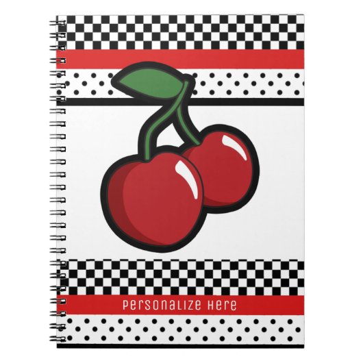 Red Cherries Red Black & White Retro Custom Notizblock (Vorderseite)