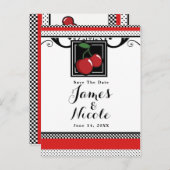 Red Cherries Retro Glam Black & Red Save the Date Ankündigungspostkarte (Vorne/Hinten)