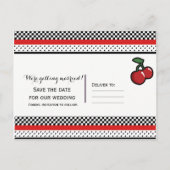 Red Cherries Retro Glam Black & Red Save the Date Ankündigungspostkarte (Rückseite)
