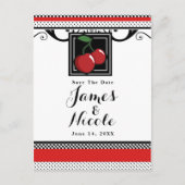 Red Cherries Retro Glam Black & Red Save the Date Ankündigungspostkarte (Vorderseite)
