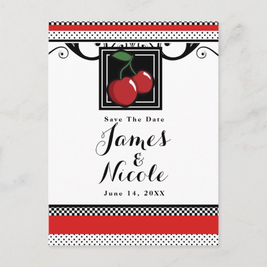 Red Cherries Retro Glam Black & Red Save the Date Ankündigungspostkarte (Vorderseite)