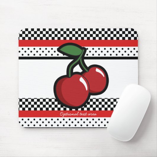 Red Cherries Schwarz-weiß Red Retro Personalisiert Mousepad (Mit Mouse)
