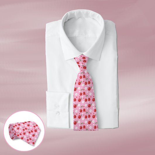 Red Cherries White Blume Pattern Pink Neck Tie Krawatte