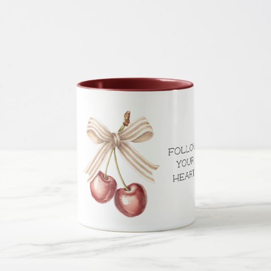 Red Cherries with Cream White Stripes Bow Tasse (Zentrum)