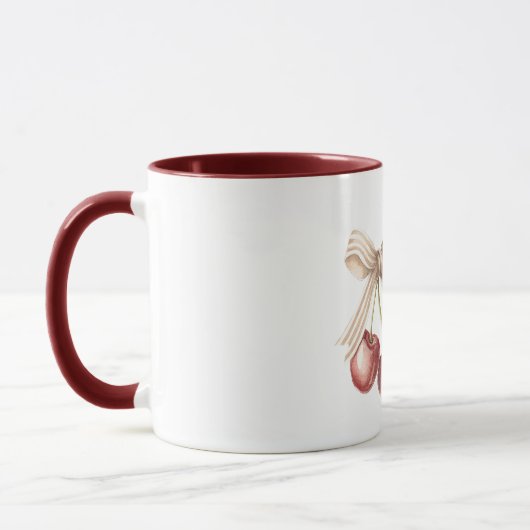 Red Cherries with Cream White Stripes Bow Tasse (Links)