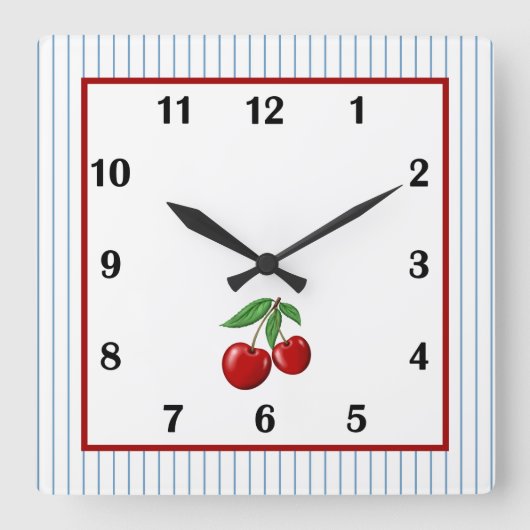 Red Cherry auf Blue Stripes Quadratische Wanduhr (Vorderseite)