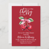 Red Cherry auf Top Coquette Pink Bow Baby Dusche Einladung (Vorderseite)