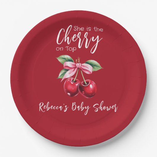 Red Cherry auf Top Coquette Pink Bow Baby Dusche Pappteller (Vorderseite)