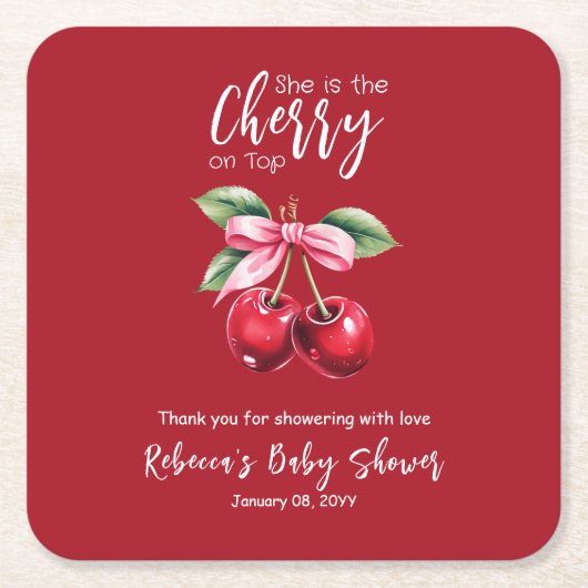 Red Cherry auf Top Coquette Pink Bow Baby Dusche Rechteckiger Pappuntersetzer (Vorderseite)