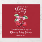 Red Cherry auf Top Coquette Pink Bow Baby Dusche Schaumweinetikett (Einzelnes Label)