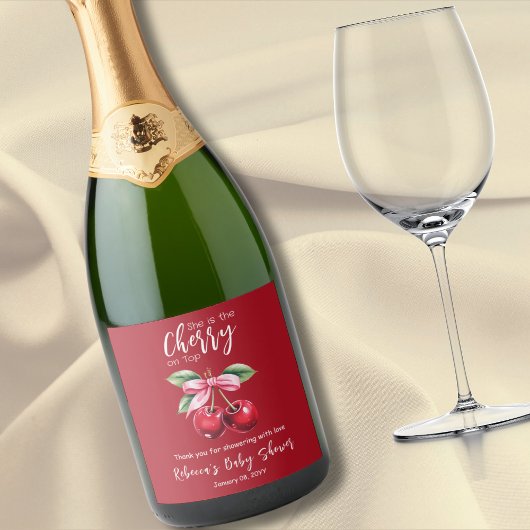 Red Cherry auf Top Coquette Pink Bow Baby Dusche Schaumweinetikett