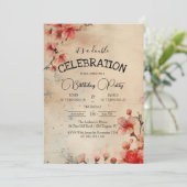 Red Cherry Bloom Beige Double Birthday Party Einladung (Stehend Vorderseite)