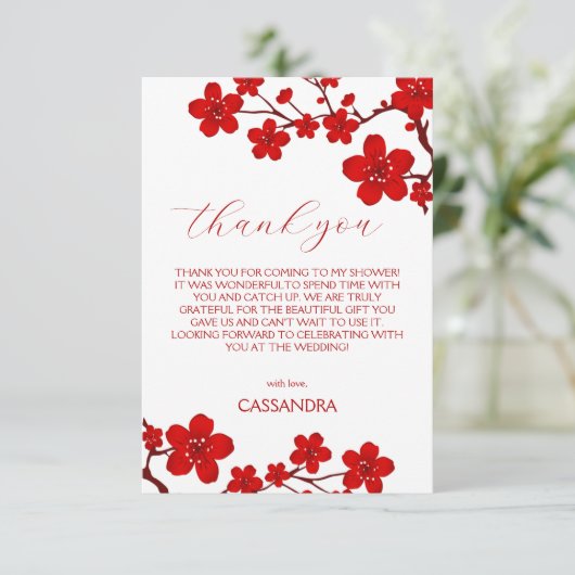 Red Cherry Blossom Blumenkohl Brautparty Dankeskarte (Stehend Vorderseite)