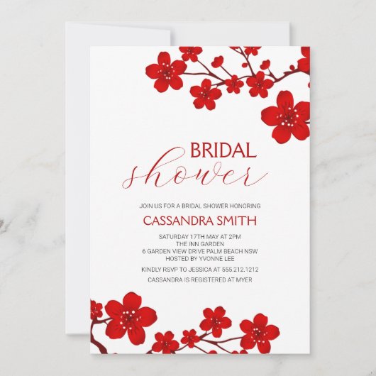 Red Cherry Blossom Blumenkohl Brautparty Einladung (Vorderseite)