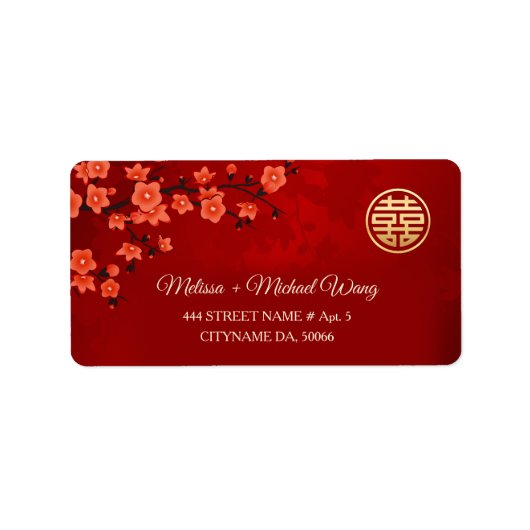Red Cherry Blossom | Chinesische Hochzeit Adressaufkleber (Vorne)