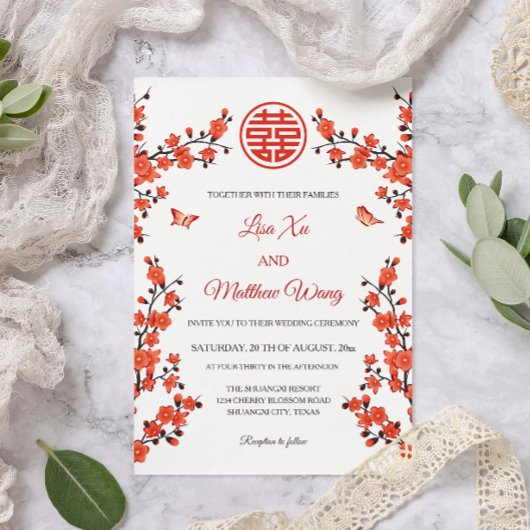 Red Cherry Blossom | Chinesische Hochzeit Einladung