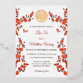 Red Cherry Blossom | Chinesische Hochzeit Folieneinladung