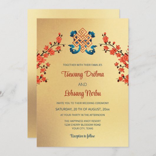 Red Cherry Blossom Endless Knot tibetische Hochzei Einladung (Vorne/Hinten)