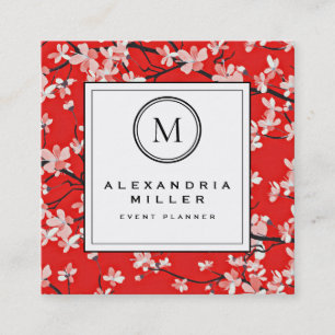 Red Cherry Blossom Floral Monogramm Quadratische Visitenkarte