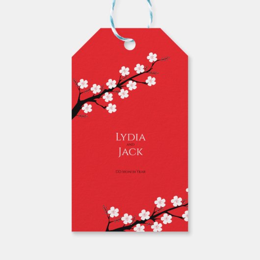 Red Cherry Blossom Hochzeit Geschenkanhänger (Rückseite)