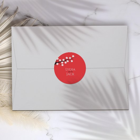 Red Cherry Blossom Hochzeit Runder Aufkleber