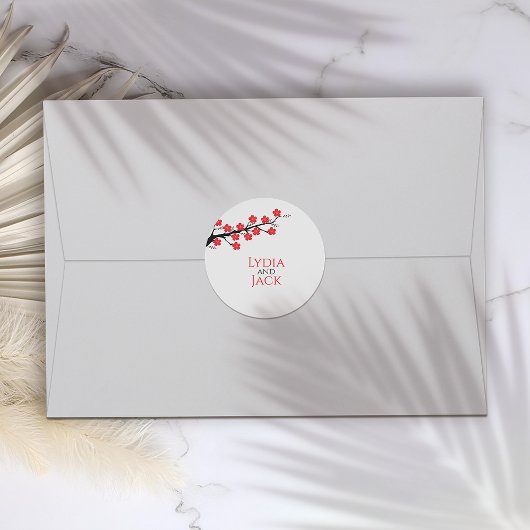 Red Cherry Blossom Hochzeit Runder Aufkleber