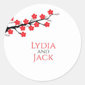 Red Cherry Blossom Hochzeit Runder Aufkleber (Vorderseite)