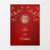 Red Cherry Blossom Red | Chinesische Hochzeit Dreifach Gefaltete Einladung (Cover)